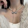 Fashion Elegant Metal Bowknot Tassels Necklace Pearl Beaded Clavicle Chain Choker Necklace Statement Jewelry Neck Chain