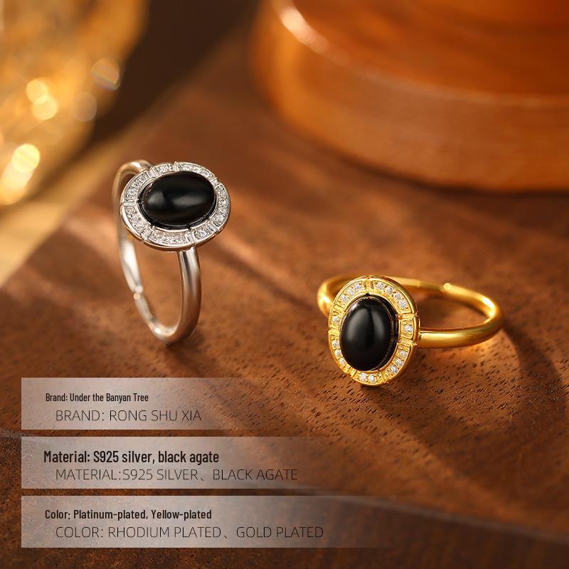 Banyanbaum S925 Silber Schwarzer Achat Ovalring, Europäisches Retro-Design für Frauen.