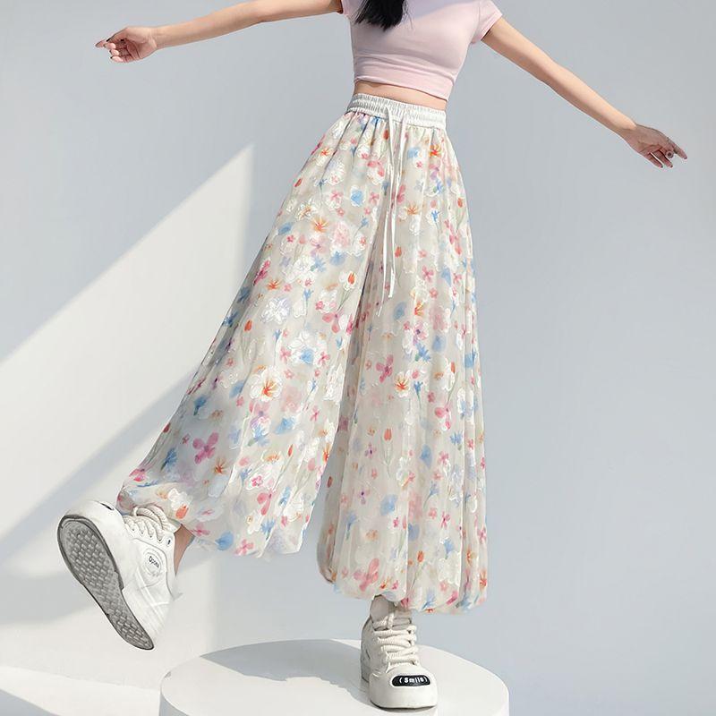 Colorful Floral Puff Wide-Leg Pants for Women | Summer Thin High-Waist Straight Lantern Pant Skirt Petite-Friendly Flowy Chiffon Pants
