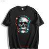 Red Blue Shadow Skull T Shirt Eye Catching Design  Vintage Washed Breathable Unisex Casual Slightly Top For Everyday Wear