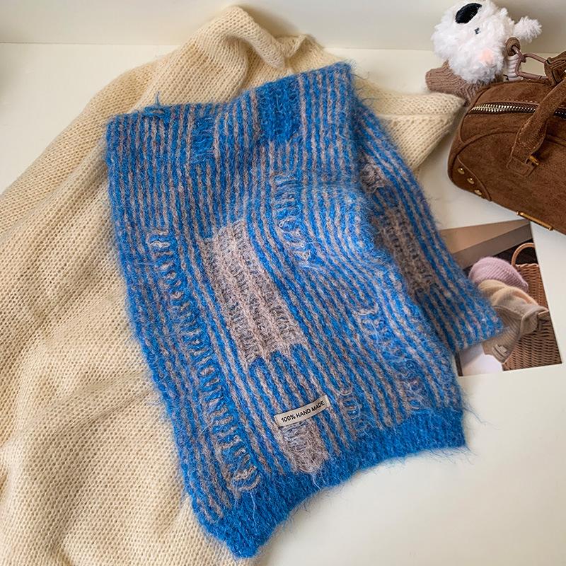 Korean striped knitted wasteland wind scarf women's winter new high-end coffee color warm thickened wool scarf