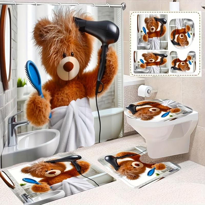 1/4pcs Funny Teddy Bear Shower Curtain Set Cute Animal Drying Hair Pattern Waterproof Fabric Bath Curtain with 12 Hooks Non Slip Rug and Toilet Cover