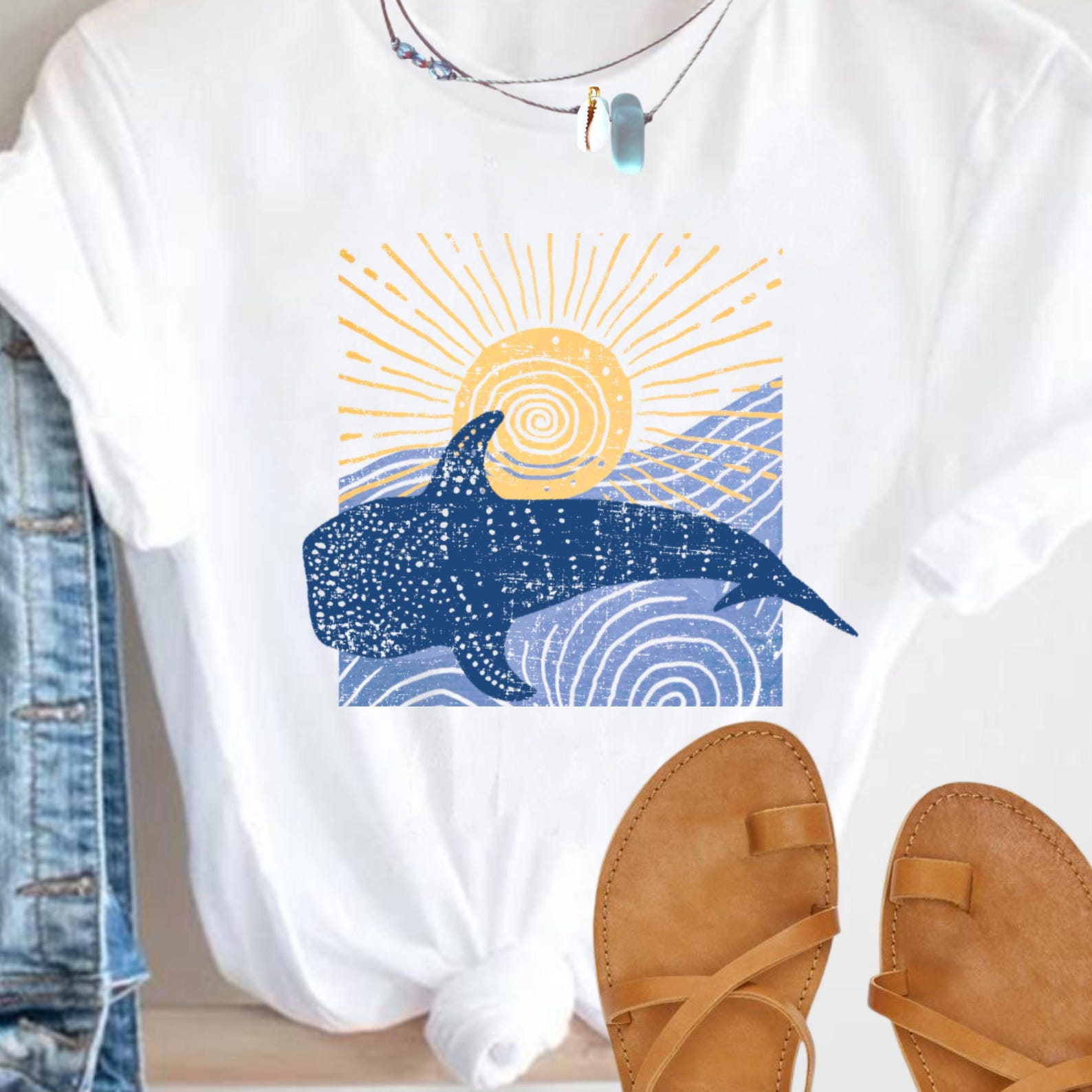 Whale Shark Print Tee: Boho Beach Vacation Shirt S