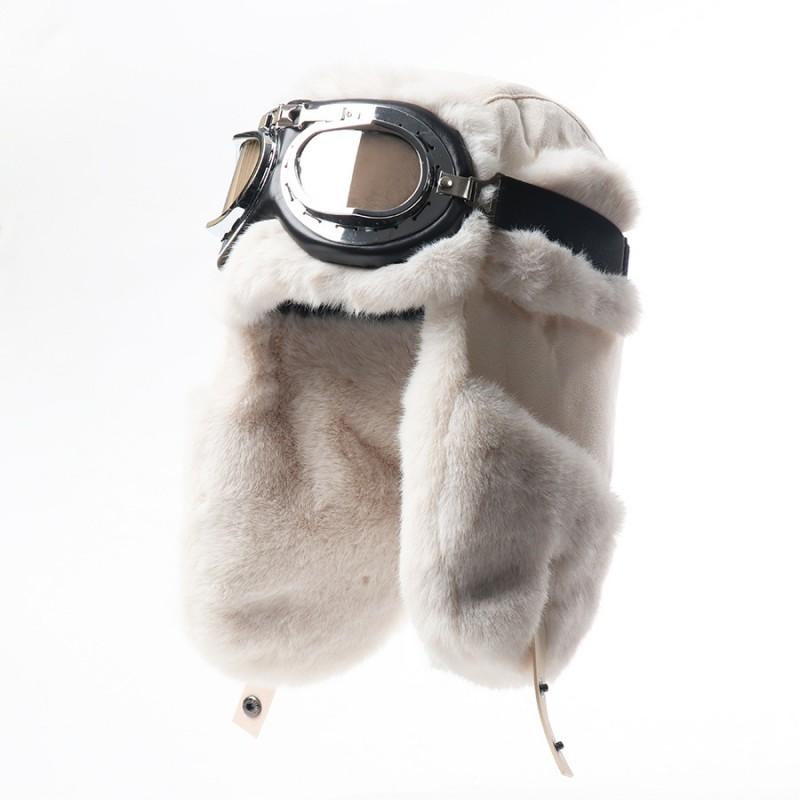 Winter Fleece-Lined Suede Biker Hat With Goggles Outdoor Riding Ear Neck Protection Unisex Warm Cap