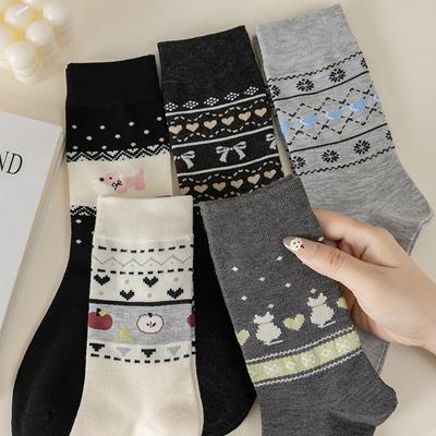 Retro Knochenlose Wollsocken für Damen, Mid-Calf-Socken für Herbst- und Winterwärme, Cartoon-Frotteesocken für Damen