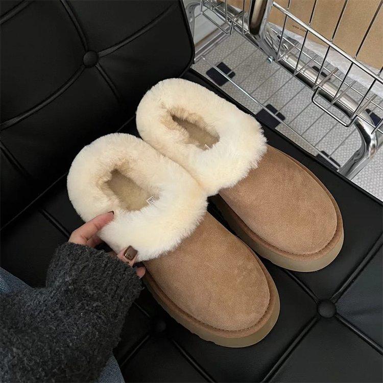 

Большое празднование толстая подошва низкий верх зимние ботинки женские овчина и мех интегрированные 2025 новые однопедальные пушистые зимние хлопковые туфли 40 малиновый