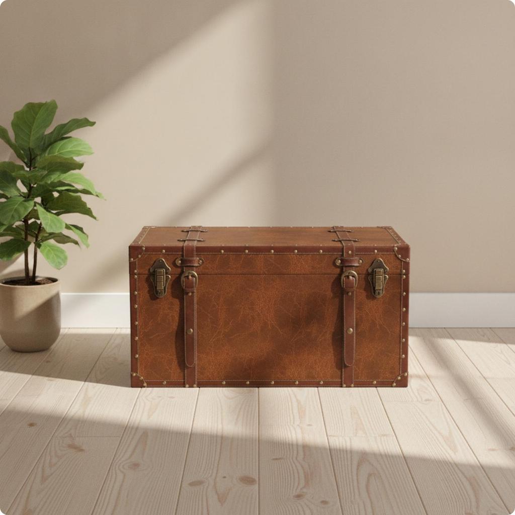 Leather Accent Wood Storage Box with Secure Metal Clasp for Entryway