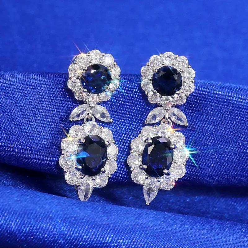 Royal Blue Zircon Oval Earrings Fashionable High-End Design Accessories for Banquets Personalized Simple Zircon