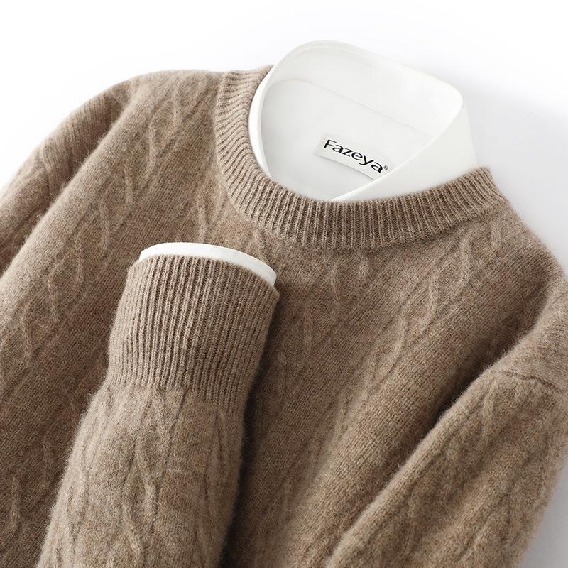 

Men s Luxury Wool Cable Knit Sweater - Round Neck, Long Sleeve, Loose Fit, Autumn/Winter Style M