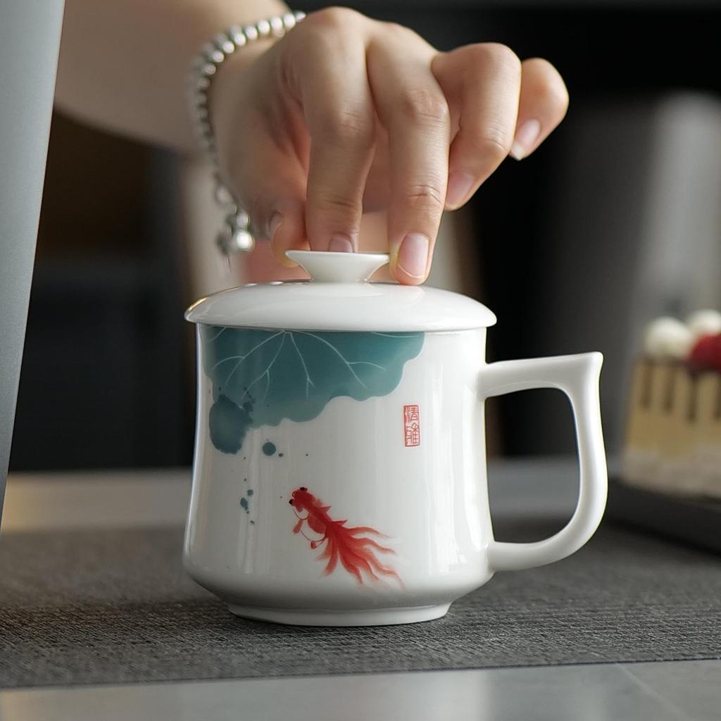 Tazza da tè in ceramica giada grasso di montone di lusso con coperchio - Tazza in porcellana bianca di Dehua per uso personale o in ufficio