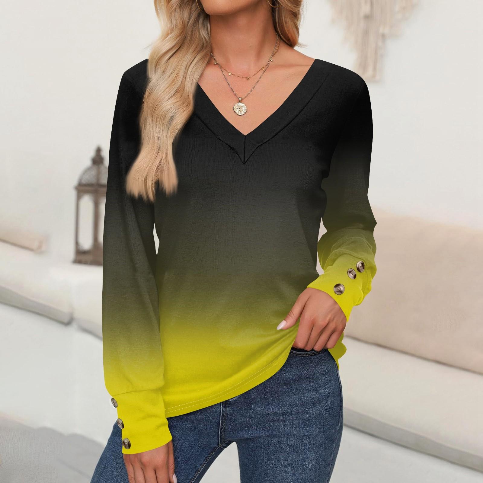 

Женские топы с градиентным принтом, рубашка с длинным рукавом, V-образный вырез, повседневная свободная футболка, осенняя одежда XL жёлтый