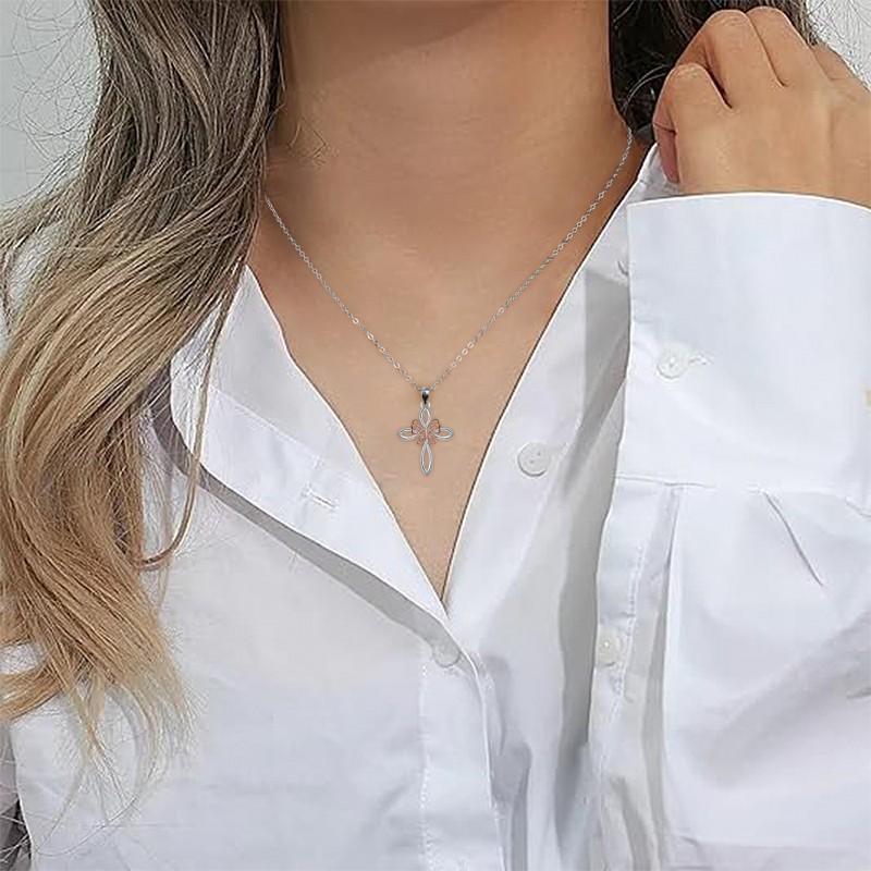 Rose Gold Butterfly Cross Pendant Necklace Women Fashion Daily Wear Copper Chain Jewelry