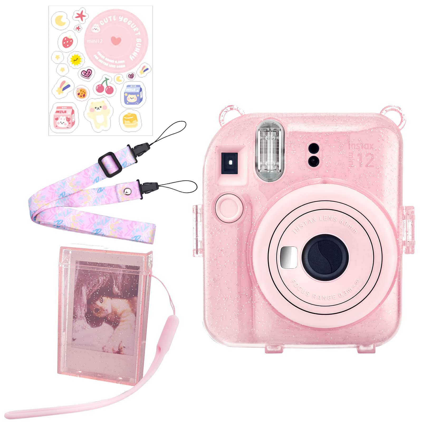 

HIYQIN instax mini 12 FUJIFLM instax mini case set Cheki 12 clear case with shoulder photo storage and Cheki 12 sticker case, Cheki 12 5-piece рожевий