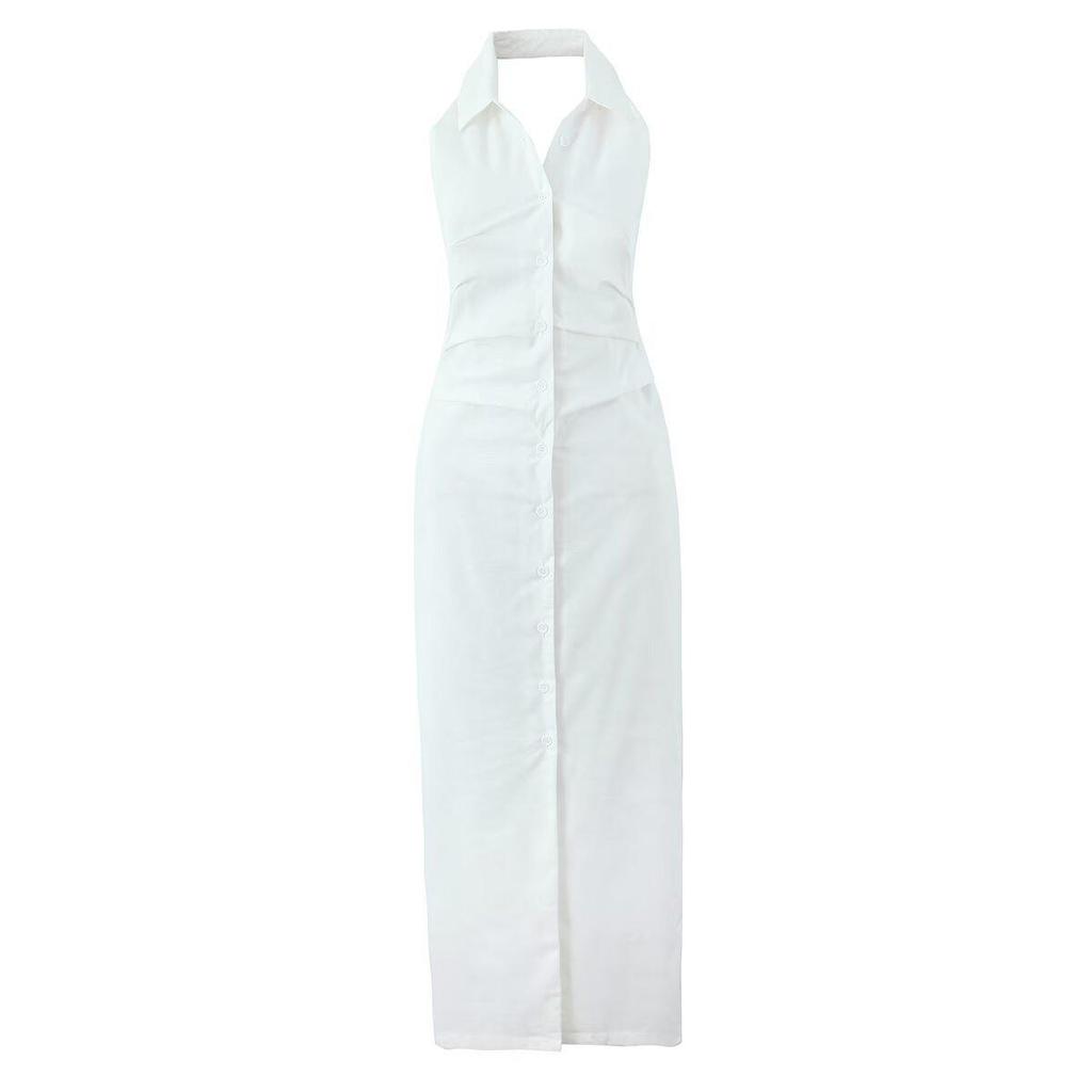 2025 European Style Halter Neck Waist-Cinched Slimming Long Dress