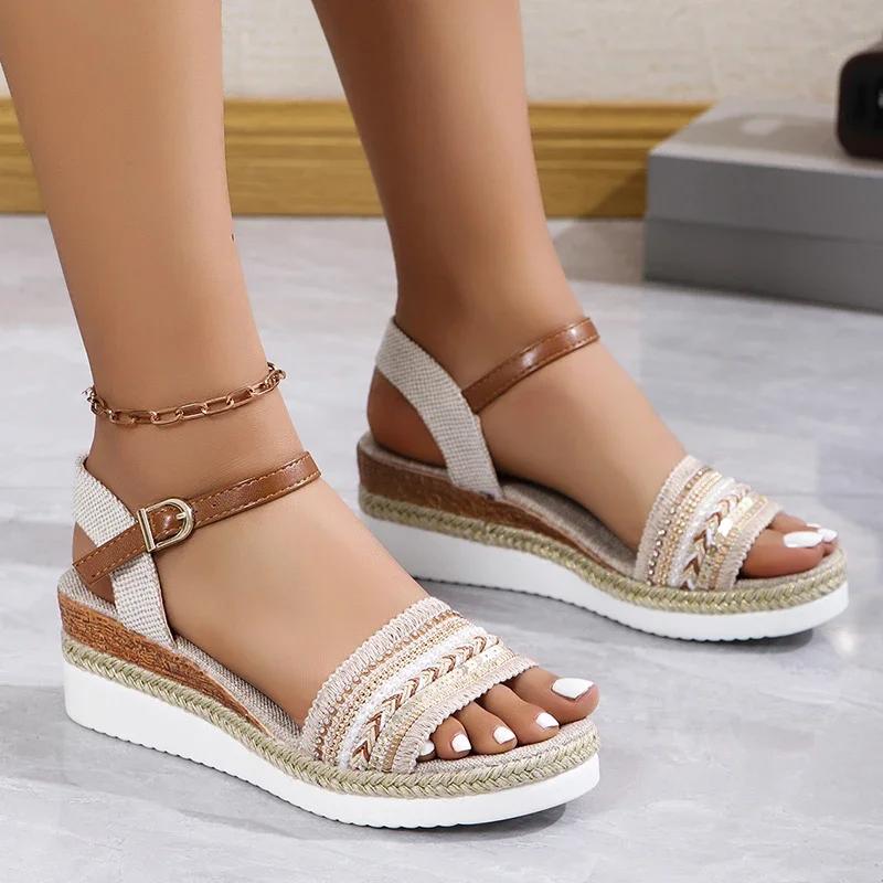 Fashion Vintage Fringe Platform Sandals for Women Casual Brown Wedge Sandals Women Summer Buckle Decor Weightlight Flat Sandalias Mujer