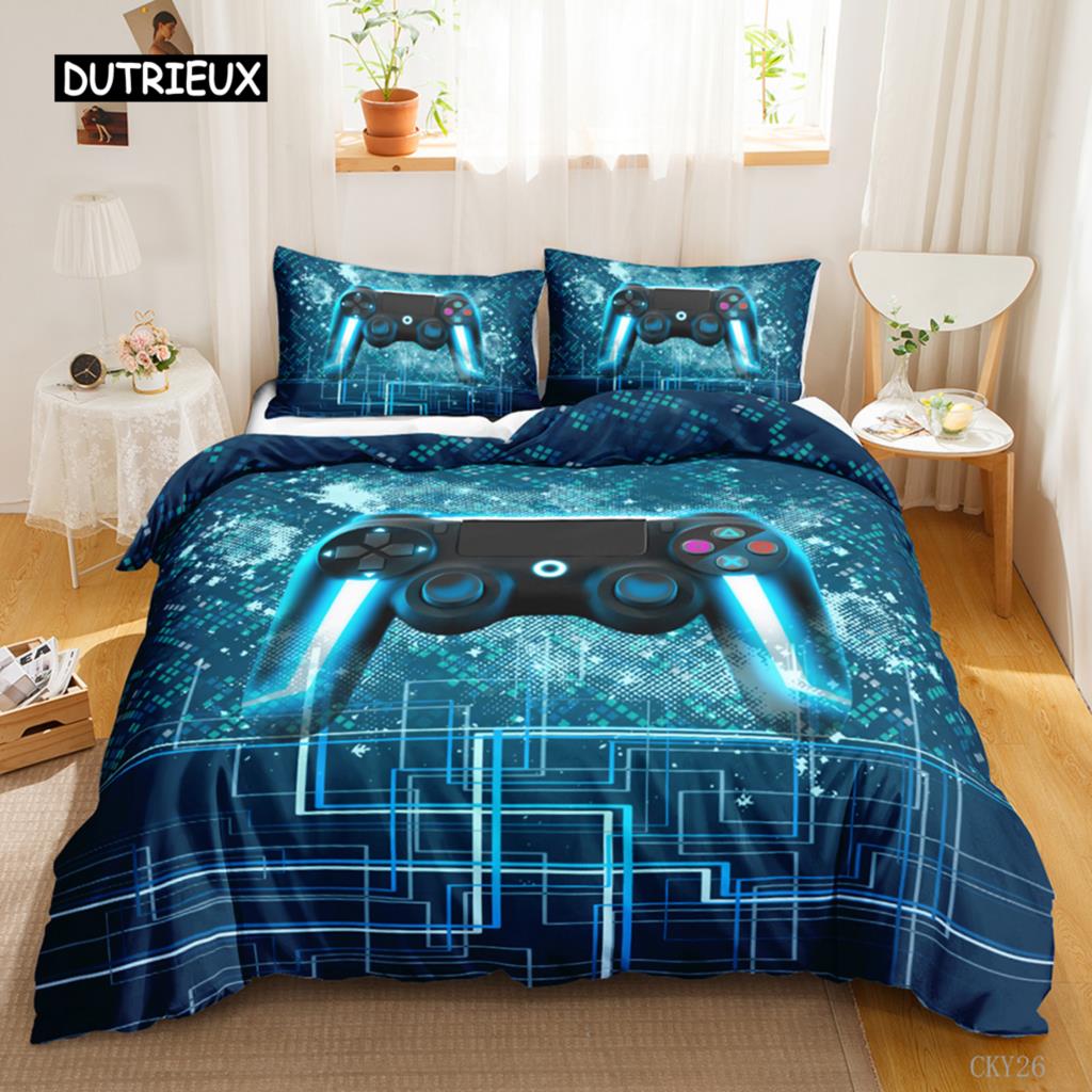 Spiele Bettbezug Set Farbverlauf Gaming Bettdeckenbezug für Kinder Teenager Gamepad Tagesdecke Bezug Neon Spiele Polyester Quiltbezug