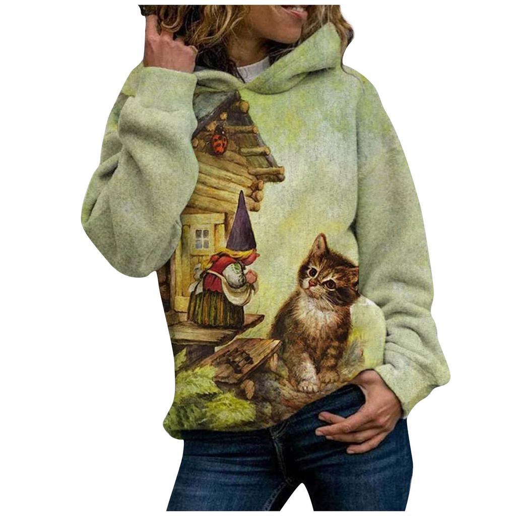 Women Fashion  Cat Print Long Sleeves Hoodie Tops Blouse Sweater