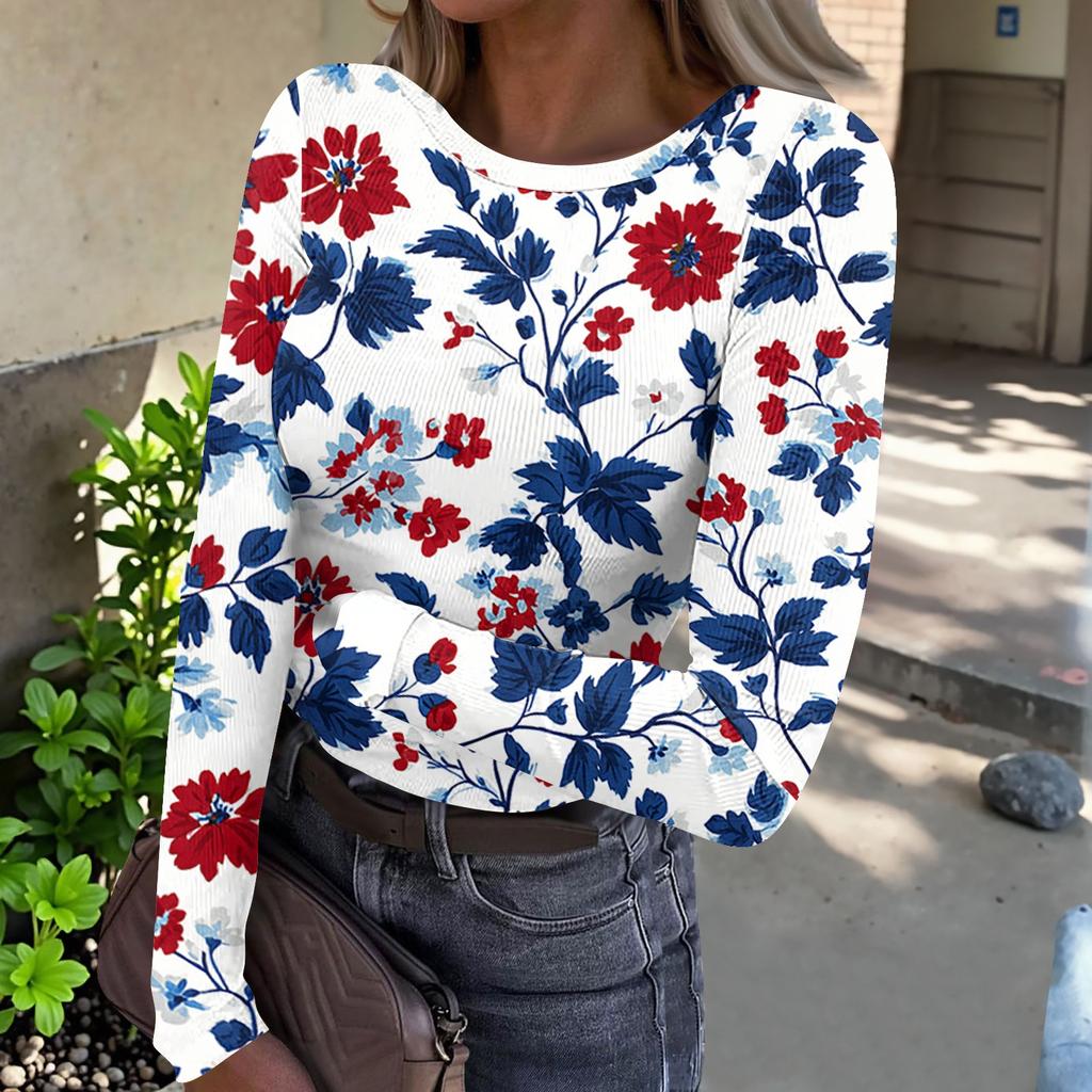 Women’s Casual Long Sleeve Crew Neck Top with Floral Print Ribbed Texture Lightweight Pullover Blouse for Everyday Wear