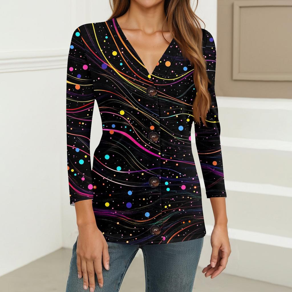 Women's Fashion Casual Print Button-down Shirt 3/4 Long Sleeve Tops