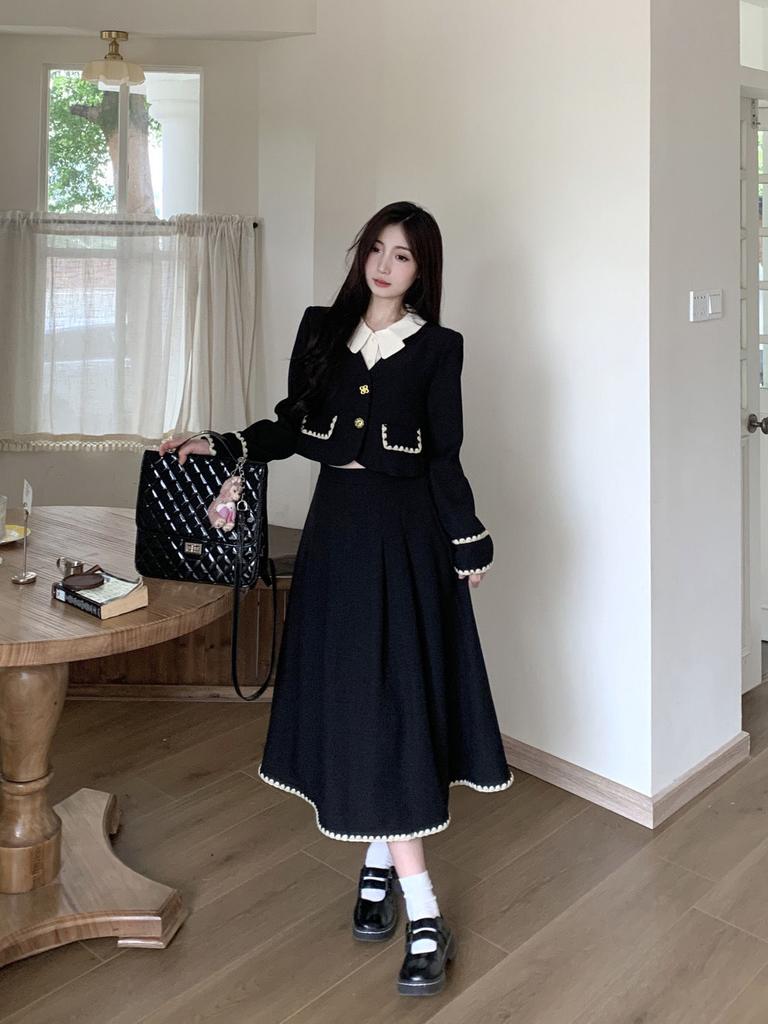 Spring and Autumn Xiaoxiangfeng temperament retro French Hepburn style splicing top + skirt two-piece suit for women