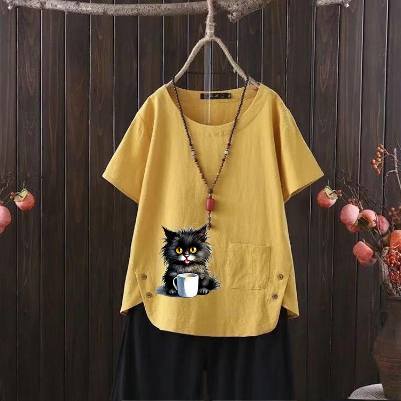 Cat Print V-neck Cotton Hemp T-shirt for Women - 2025 Summer Relaxed & Stylish