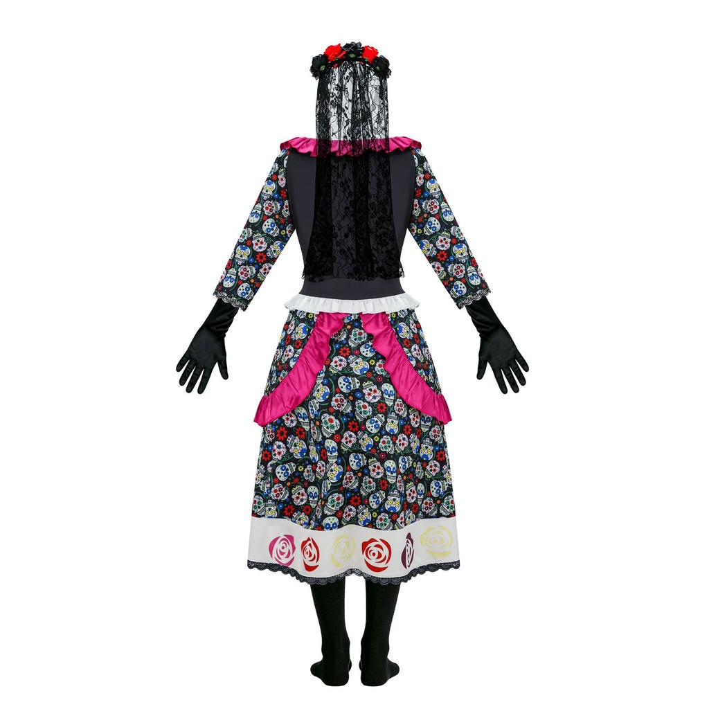 Ghost Bride Cosplay Costume Dress Mexican Day Of The Dead Colorful Flower And Rose Skull Print Horror Cosplay Halloween Costume