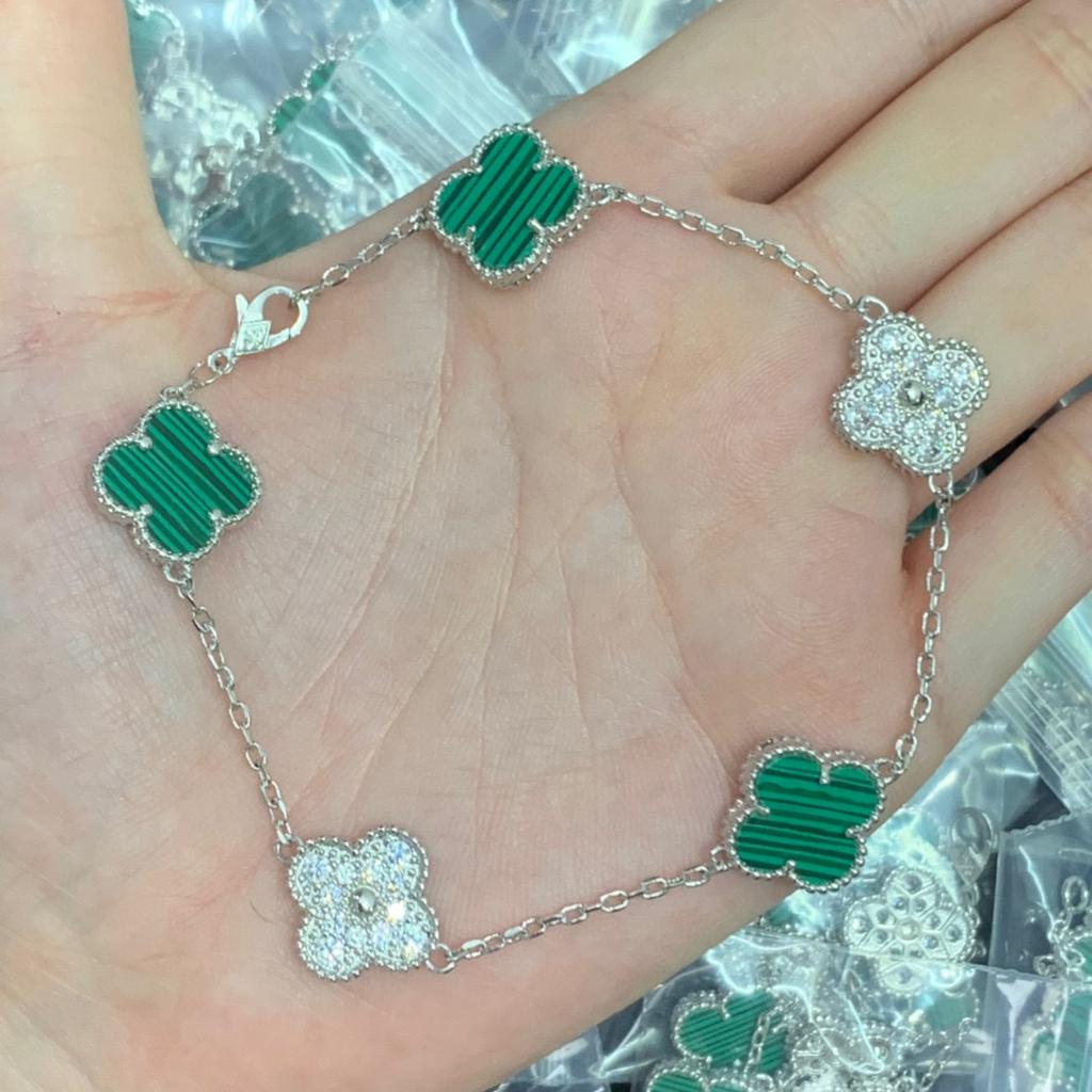 Bransoletka Koniczynka Czterolistna Pięciokwiatowa Mosiądz 18k Nieblaknąca Damska Chalcedon Laserowa Bransoletka