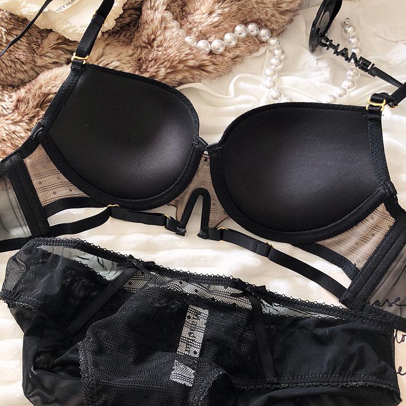 Sexy Hollow Underwear Set for Women 3/4 Cup Push Up Bra Lace Splicing Color Brassiere and Panties Ladies Intimates Lingerie