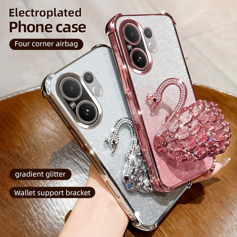 KEYSION Shockproof Plating Phone Case for VIVO V60 5G Clear Soft TPU Glitter Jewelled Swan Kickstand Back Cover for VIVO V60