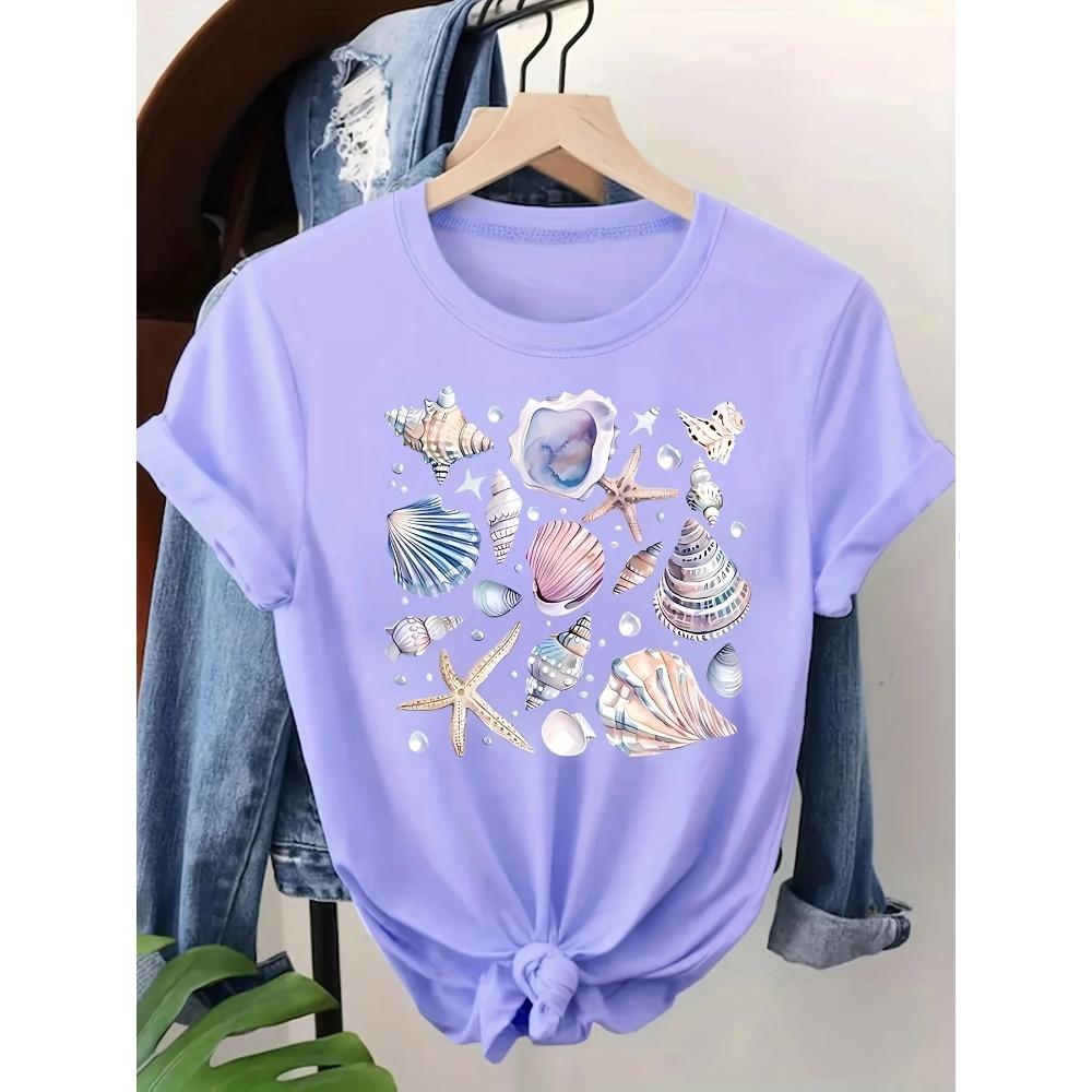 Seashell & Starfish Women's Tee - Coastal Beach Graphic, Casual Light Blue Top