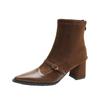 Autumn and winter new short boots French retro pointed one-word buckle thick heel fashion boots women's medium tube suede spell