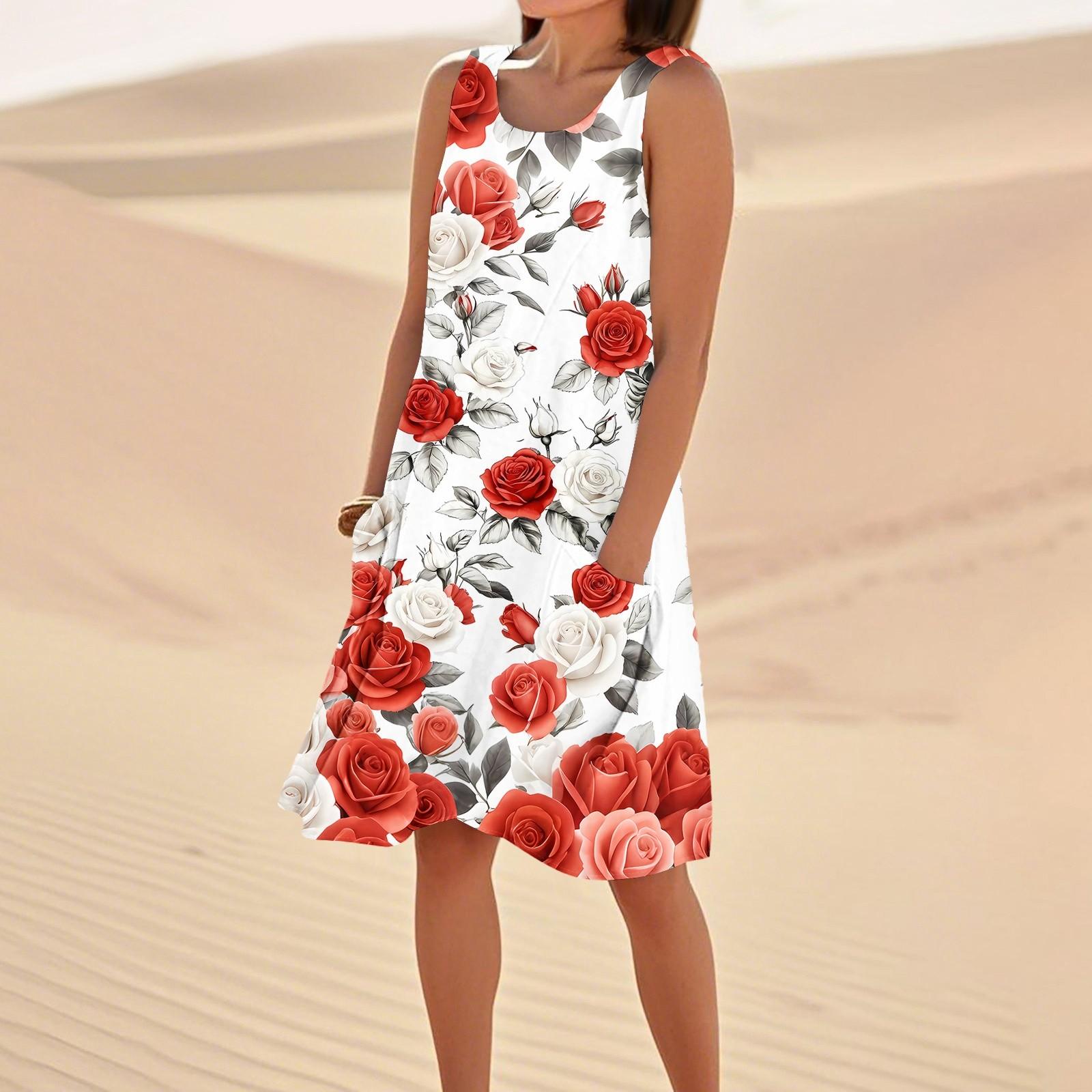 

Платья с принтом для женщин, свободные, пляжные, повседневные, без рукавов, сарафаны с карманами, платье-майка XXL киноварь