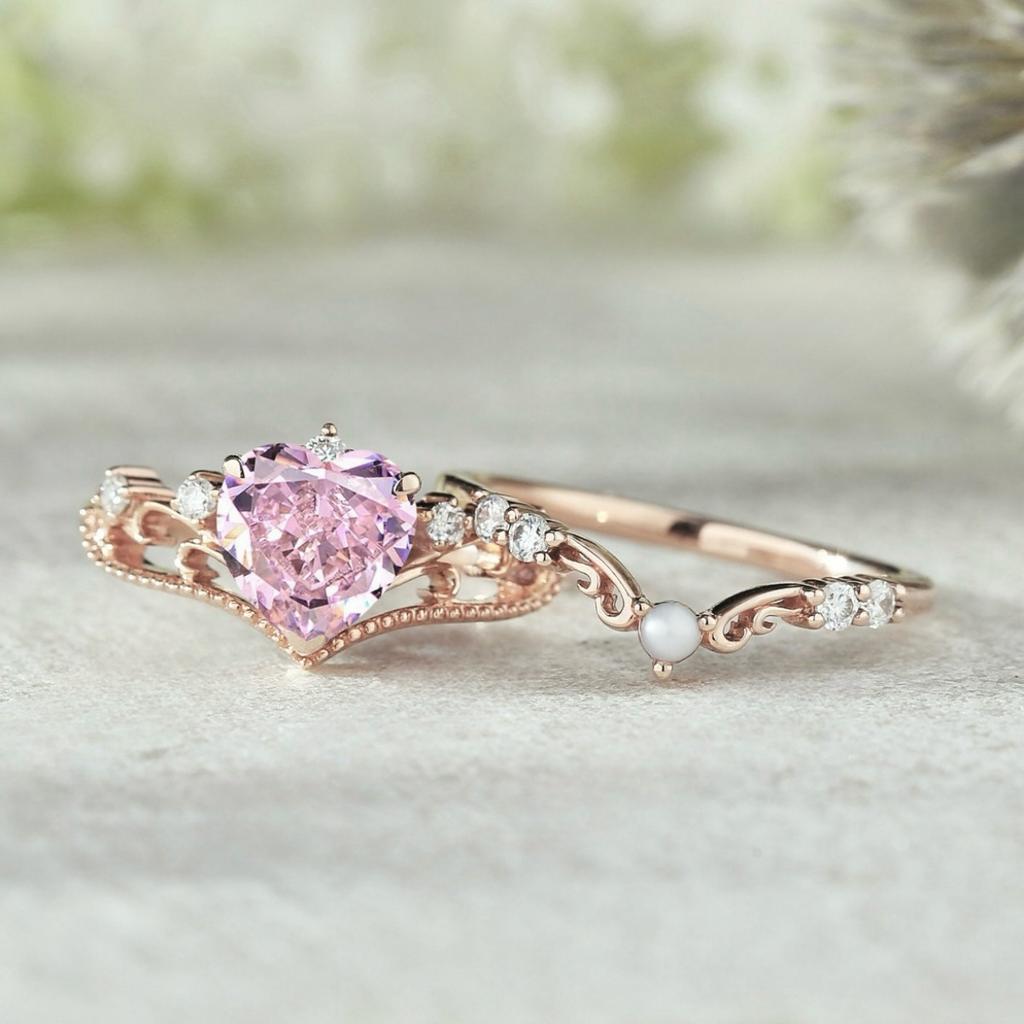 Luxury New Rose Gold Crown Ring, Inlaid with Pink Love Zircon Ring European Beautiful Women Jewelry