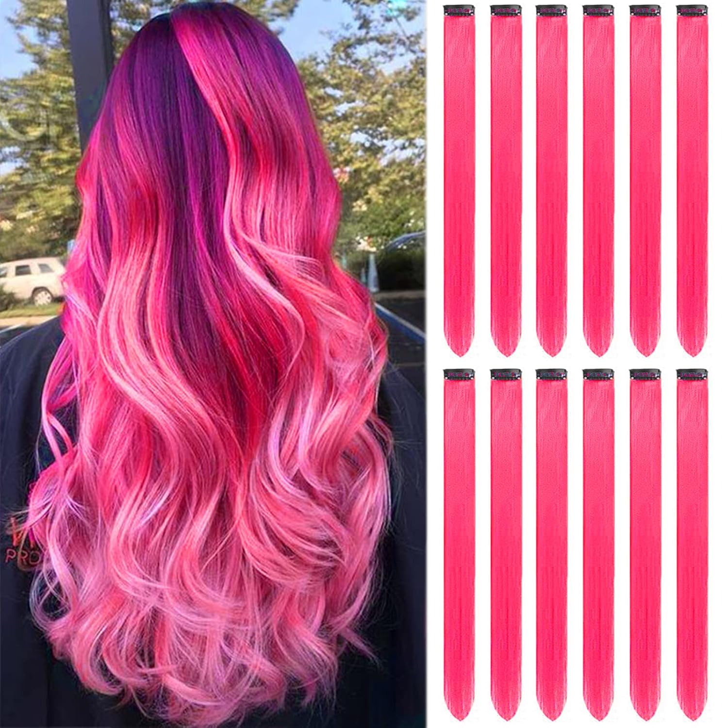

Hot Pink Hair Extensions Clip in, Colored Party Highlights Extension for Kids Girls Synthetic Hairpiece Straight 22 inch 2028 22inches&6 pcs