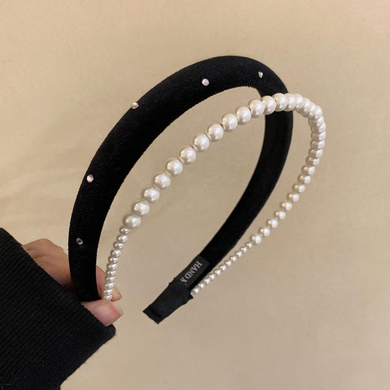 Rose Black Velvet Hair Bands For Women Classic Popular Korea Design Camellia Pearl Ribbon Headdress Head Wrap Headband