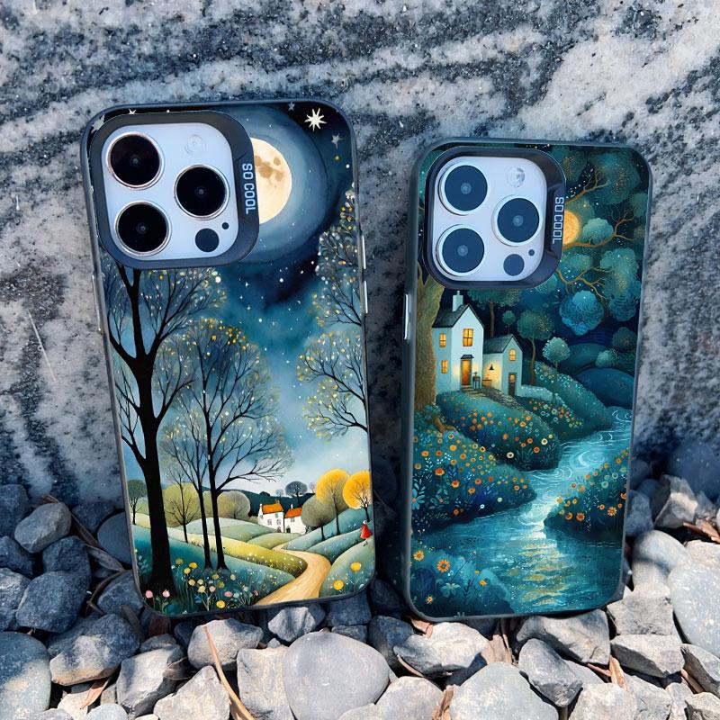 Forest Night Starry Sky Tree Moon Phone Case For Iphone 13 Mini 12 11 Pro Max 16 15 14 Pro Max Plus Shockproof Laser Back Covers