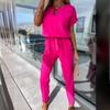 INS Summer V-neck Short Sleeve Elastic Waist Jumpsuit with Patch Pockets for Women