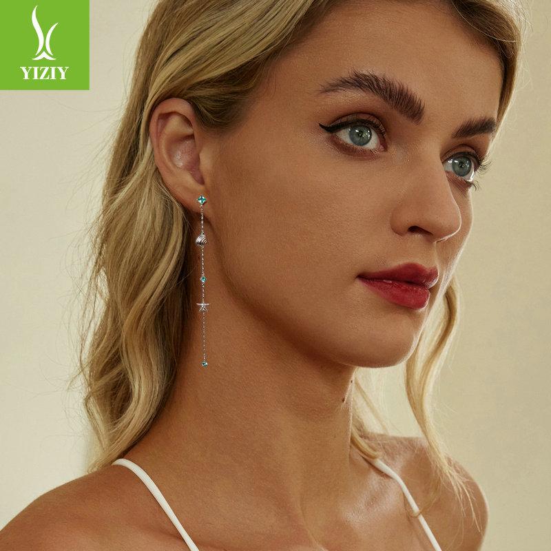 Green Starfish Ocean Wind Stud Earrings Female, Long Advanced Sense S925 Silver Fringed Earrings