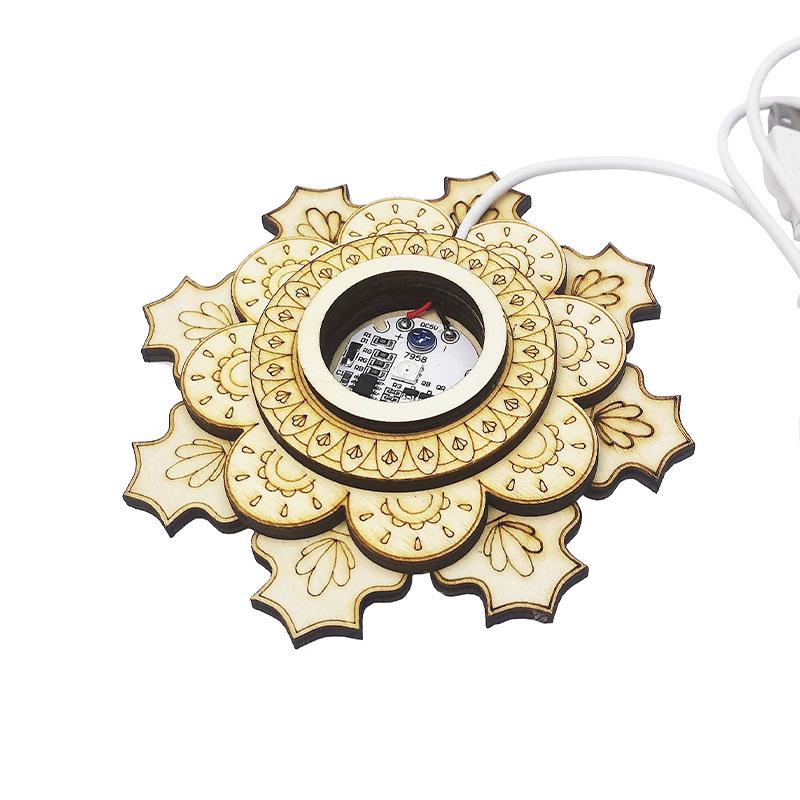 Three-Layer Lotus LED Night Light: Wooden Root Carving Base for Crystal Ball with Cool & Warm Colors