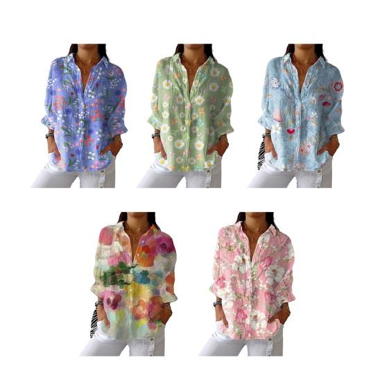Women Shirt Lapel Long Sleeve Buttons Placket Shirt Tops Loose Fit Mid-length Summer Floral Shirt Lightweight Casual Tops