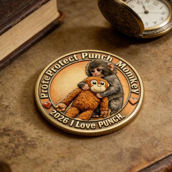 Cute Baby Monkey Challenge Coin Metal Monkey Holding Plush Toy Pocket Token 3D