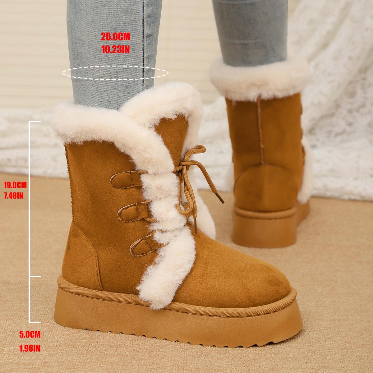 

Модные женские зимние теплые меховые сноубутсы на шнуровке, пушистые плюшевые ботильоны на платформе для женщин, толстая подошва, нескользящая обувь с хлопковой подкладкой 42 верблюд
