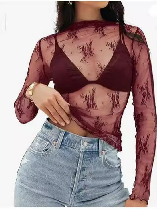 Women's Mesh Lace Layered Stand Collar See-through Top.