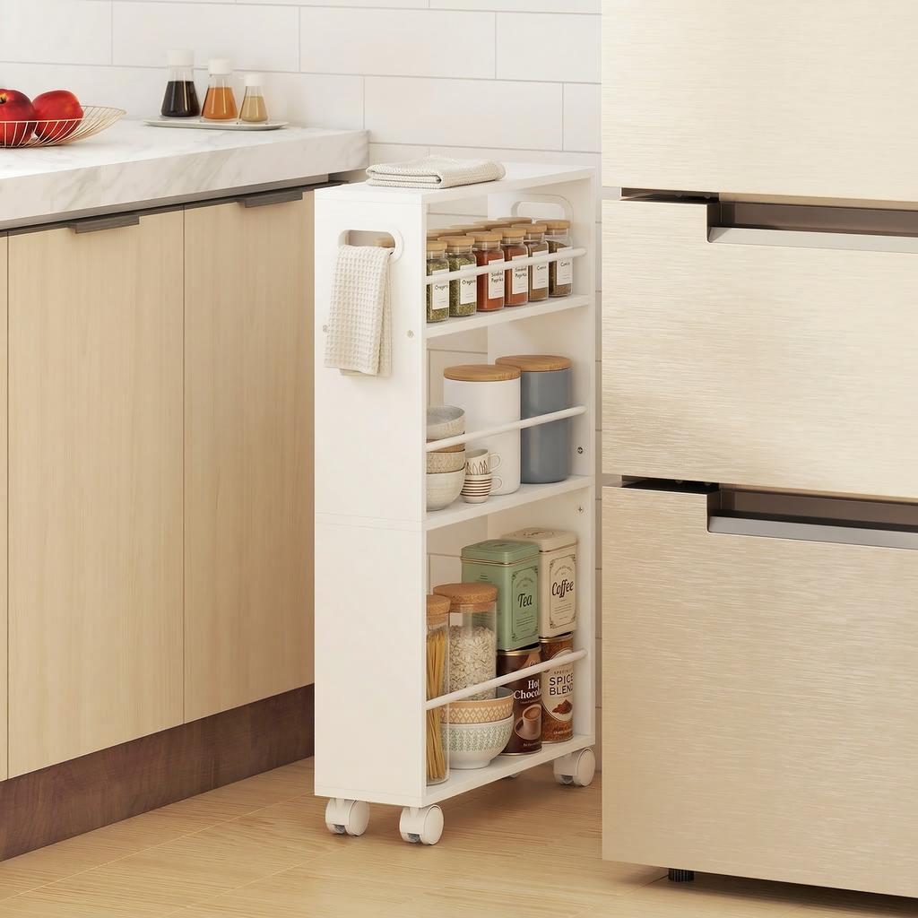 Space-Saving 3-Tier Kitchen and Bathroom Cart with Side Rails and Lockable Wheels, White