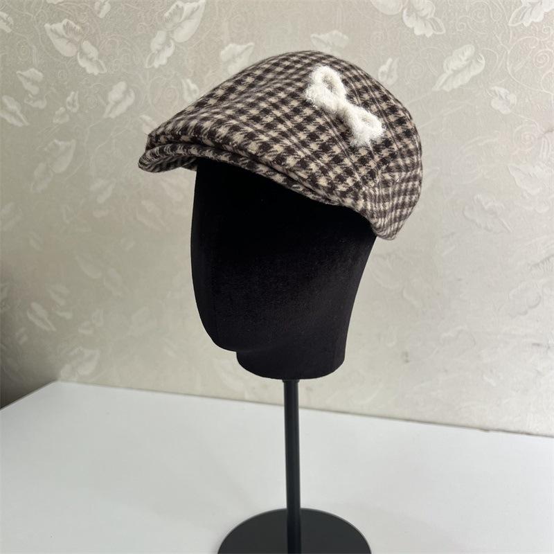 

Plaid bow cloud hat beret autumn and winter female face small casual versatile literary painter hat M（56-58cm） чорний