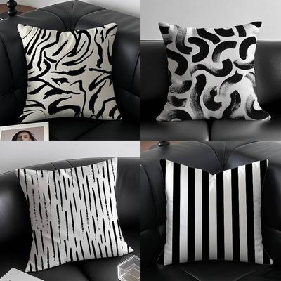 Schwarz und Weiß Gestreift Geometrisch Rechteck Kissenbezug Milbenschutz Kissenbezug Verdeckter Reißverschluss Seidig Kurzer Plüsch Sofa