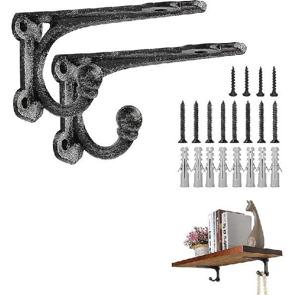 Деревенские кронштейны и опоры для полок, Черный кронштейн для полки с крючком, Чугунные настенные кронштейны для полок, Прочные кронштейны для деревянных полок, 6 дюймов, 2 шт. 4Inch 2Pack