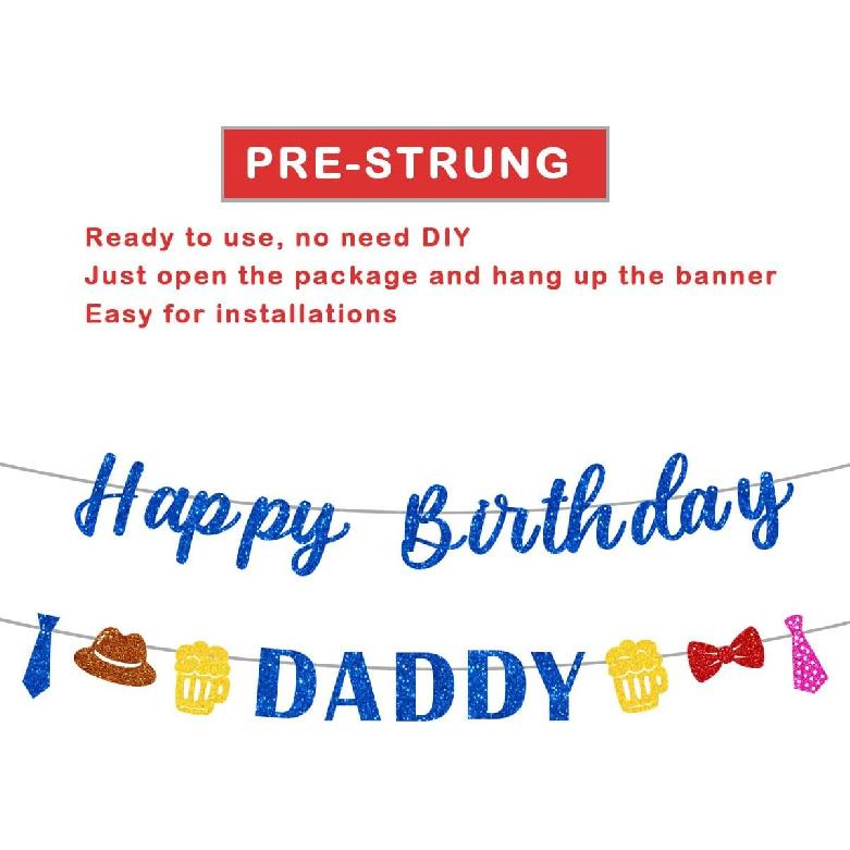 Glitter Happy Birthday Banner for Fathers Party Decoration Pre-Strung Celebration Blue Flag Cake Banner Happy Daddy Bold Letter Sign We Love Dad