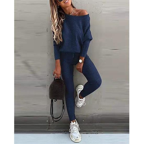 2PCS Abito casual da donna a tinta unita Spalla inclinata Manica lunga  Cravatta top sciolta Pantaloni da jogging sportivi Pantaloni da allenamento  a due pezzi Set di vestiti da allenamento acquista in