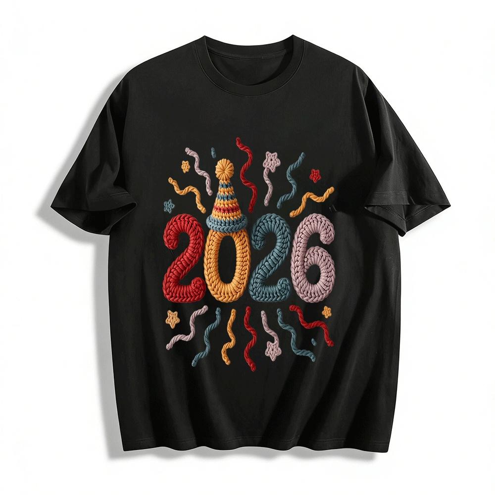 2026 New Year Knit Style Creative Number Print Casual Top Pure cotton T-shirt XXS